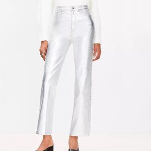NWT LOFT Coated High Rise Straight Jeans Silver Metallic Size 26 Party Holiday